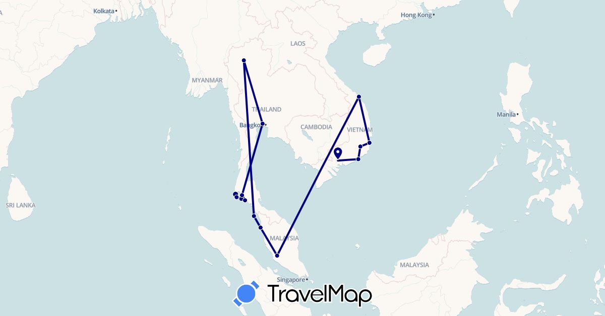 TravelMap itinerary: driving in Malaysia, Thailand, Vietnam (Asia)
